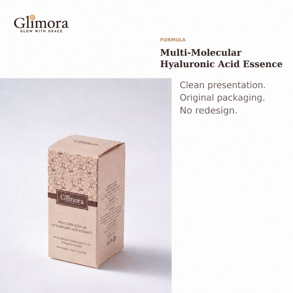 GLIMORA Multi-Molecular Hyaluronic Acid Essence packaging.