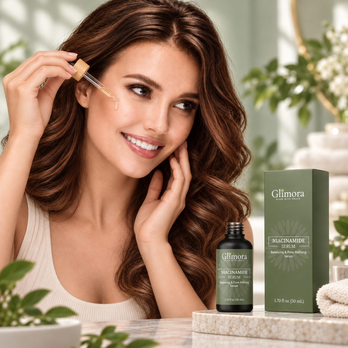 Model applying GLIMORA Niacinamide serum.