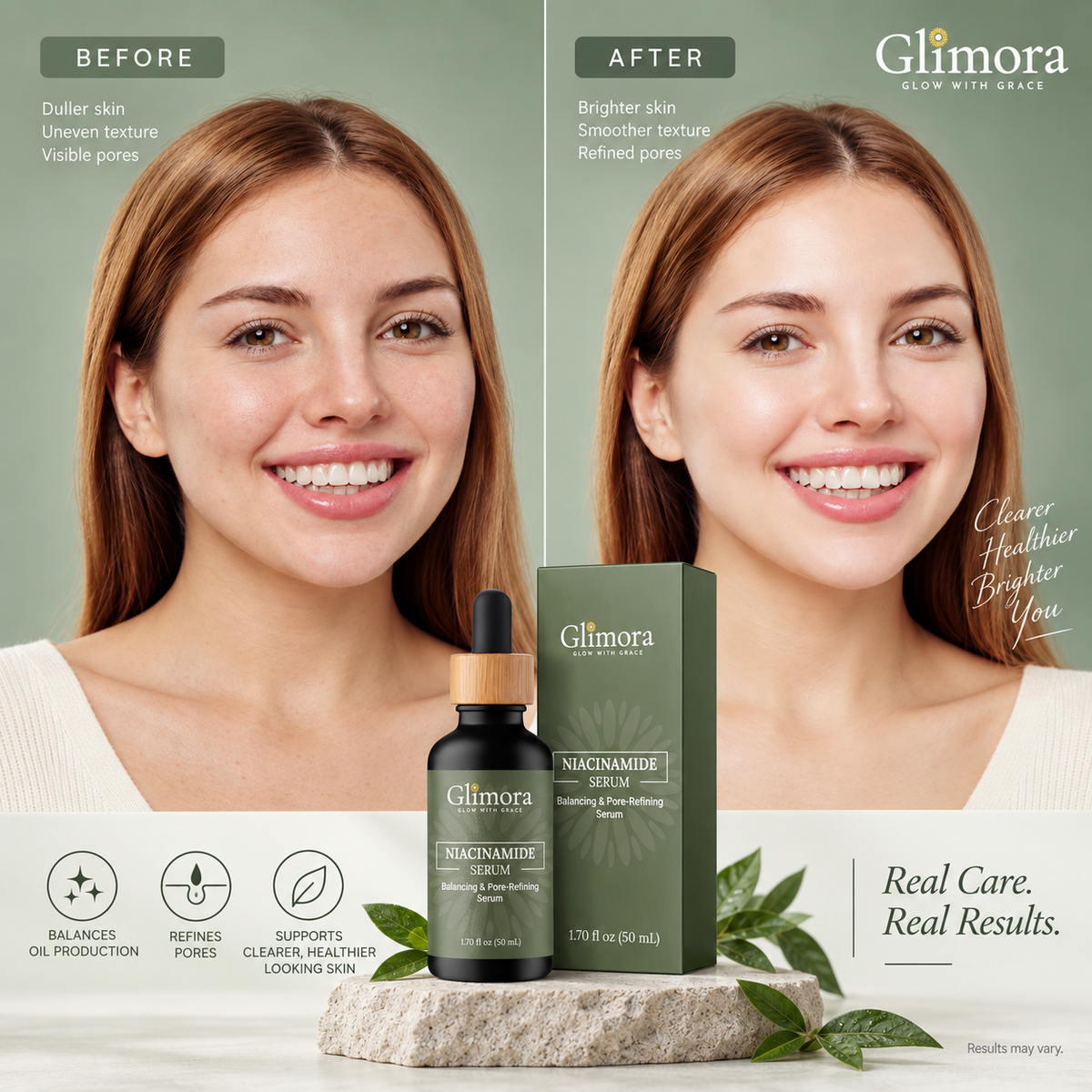 Illustrative before-and-after graphic for GLIMORA Niacinamide 5% + Hyaluronic Acid Serum. Not verified customer results.