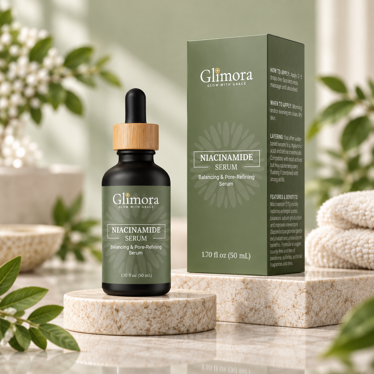 GLIMORA Niacinamide serum bottle and packaging.