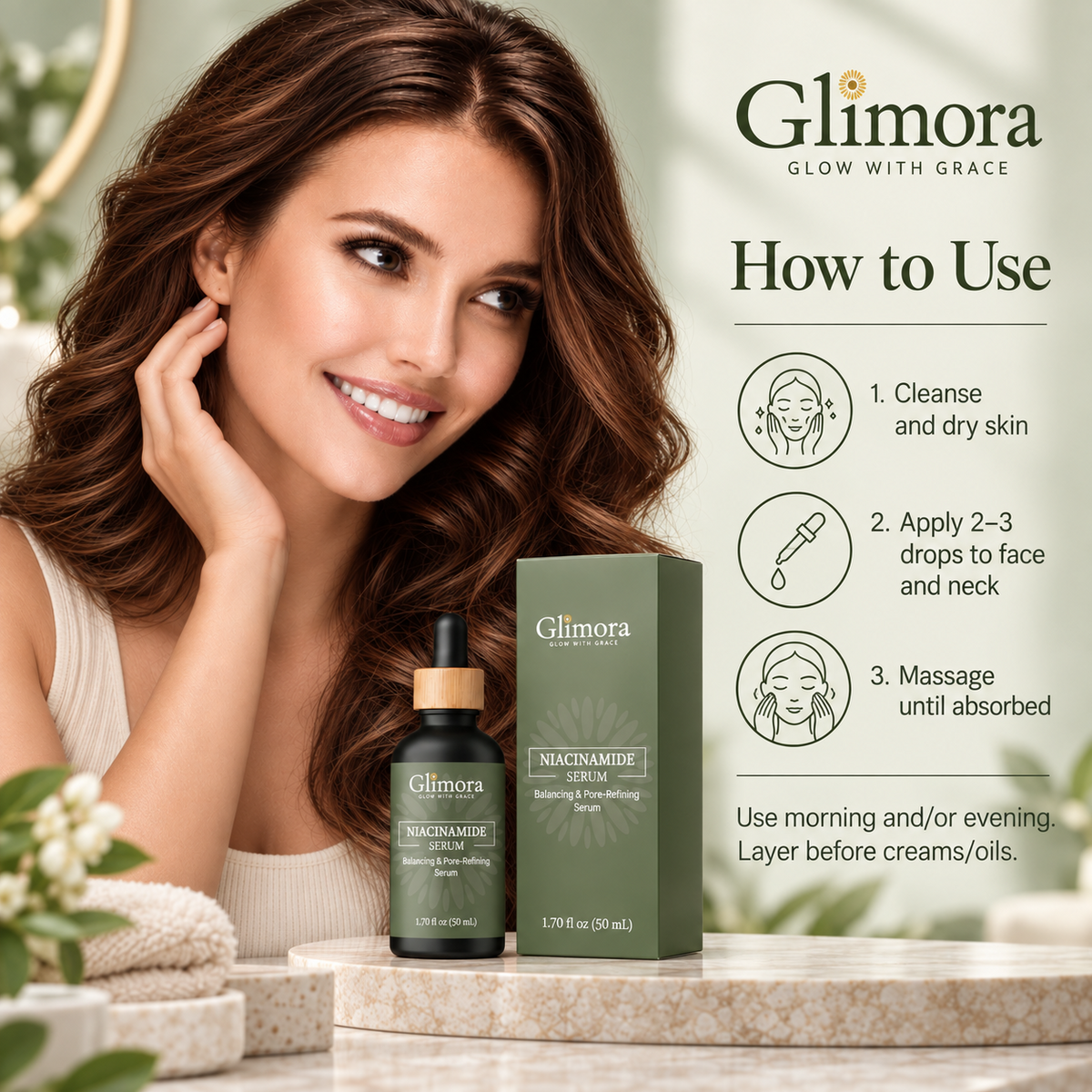 GLIMORA Niacinamide serum application directions.