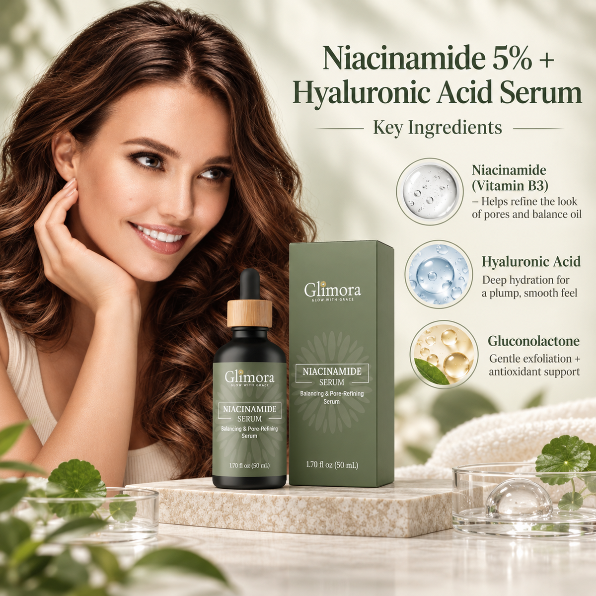 GLIMORA Niacinamide serum ingredient highlights.