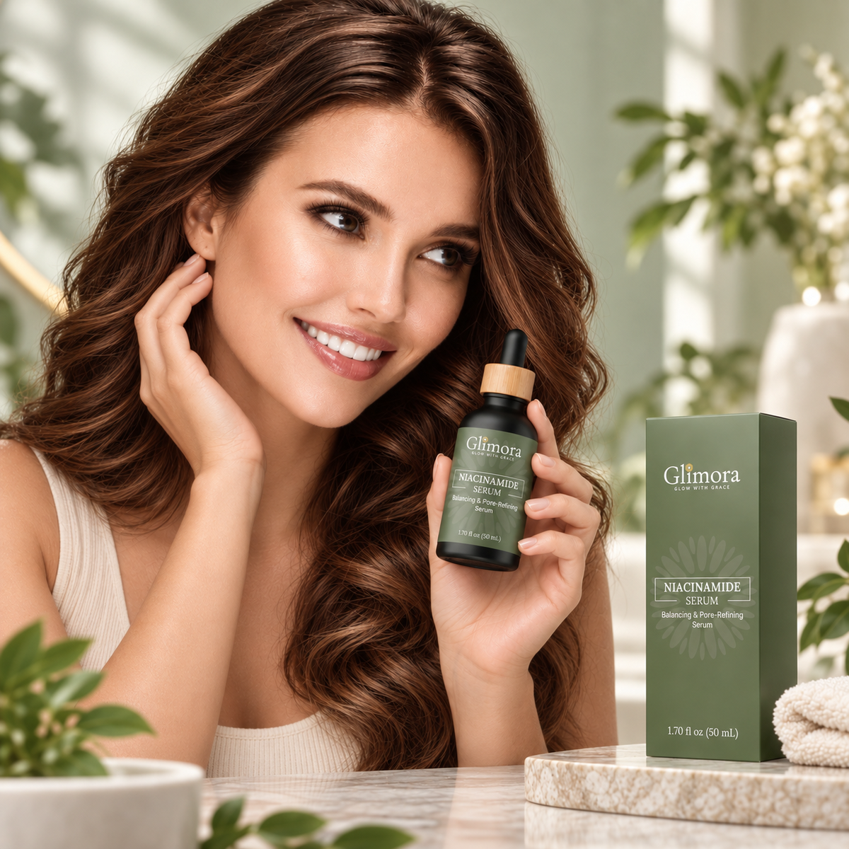 Model holding GLIMORA Niacinamide serum.