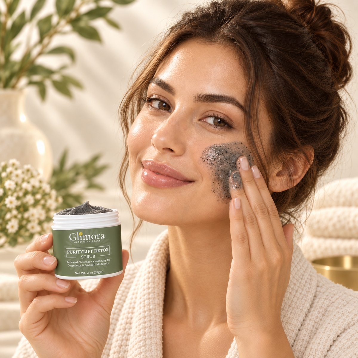 Model applying GLIMORA PurityDetox Scrub to her cheek while holding the open jar.