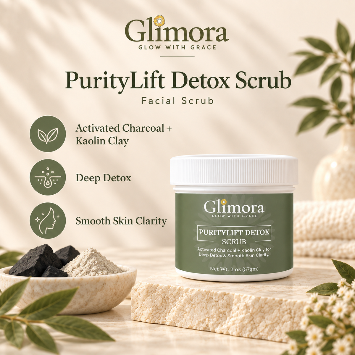 GLIMORA PurityDetox facial scrub jar displayed beside charcoal and kaolin clay.