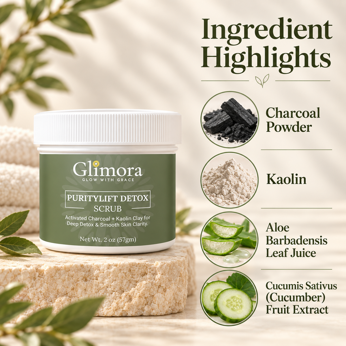 GLIMORA PurityDetox Scrub with charcoal, kaolin, aloe and cucumber ingredient highlights.