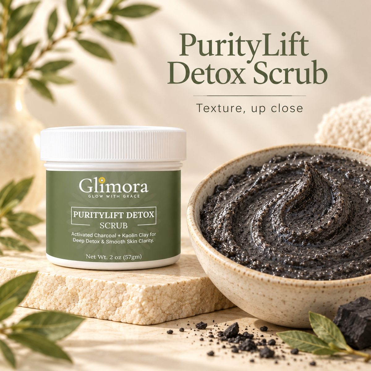 GLIMORA PurityDetox Scrub jar beside a close-up of its dark, granular scrub texture.