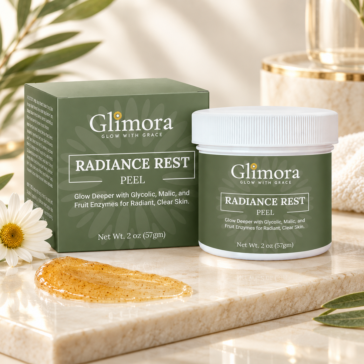 GLIMORA RadianceRest Peel jar and box with a golden exfoliating texture swatch on a cream stone surface.