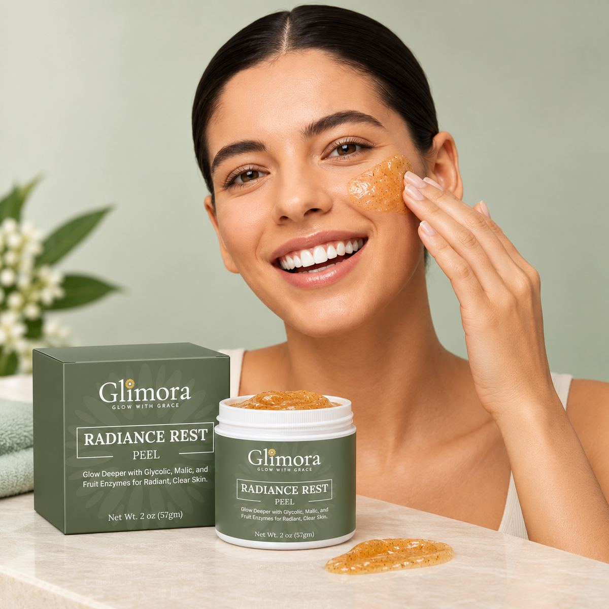 Model applying GLIMORA RadianceRest Peel to her cheek beside an open jar and matching box.