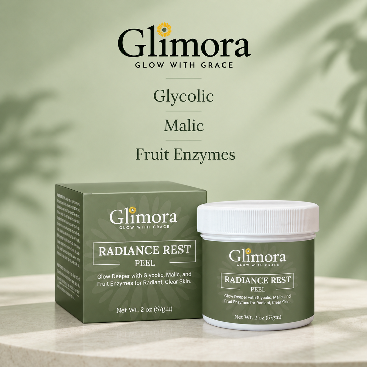 GLIMORA RadianceRest Peel jar and box with glycolic, malic and fruit enzymes text on a sage green background.