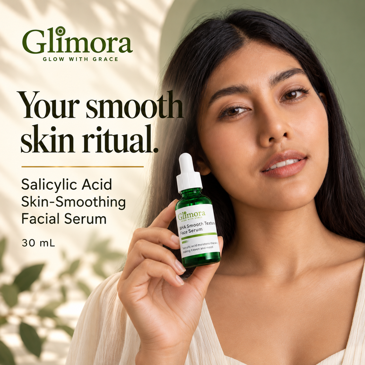Dark-haired model holding GLIMORA Salicylic Acid Skin-Smoothing Facial Serum against a sage and ivory background.