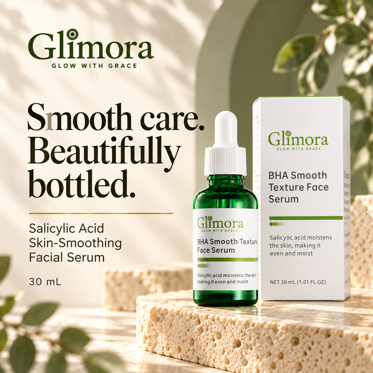 GLIMORA Salicylic Acid Skin-Smoothing Facial Serum green bottle and white 30 mL carton with green branding.
