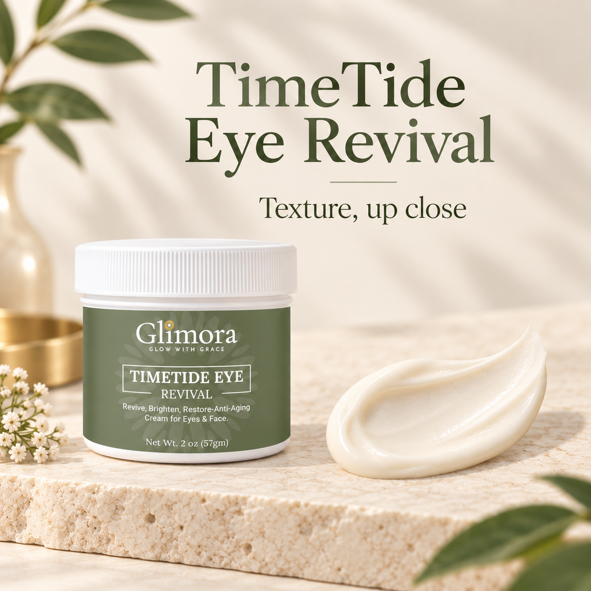 GLIMORA TimeTide Eye Revival jar beside a close-up of its smooth cream texture.