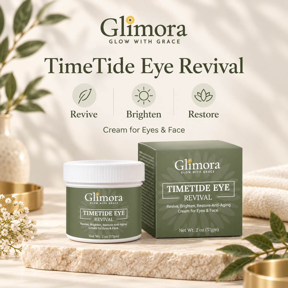 GLIMORA TimeTide Eye Revival jar and box with product information.