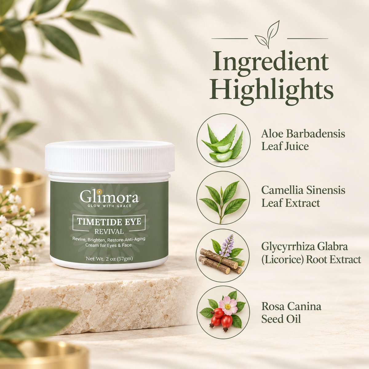 GLIMORA TimeTide Eye Revival with aloe, green tea, licorice root and rosehip oil ingredient highlights.