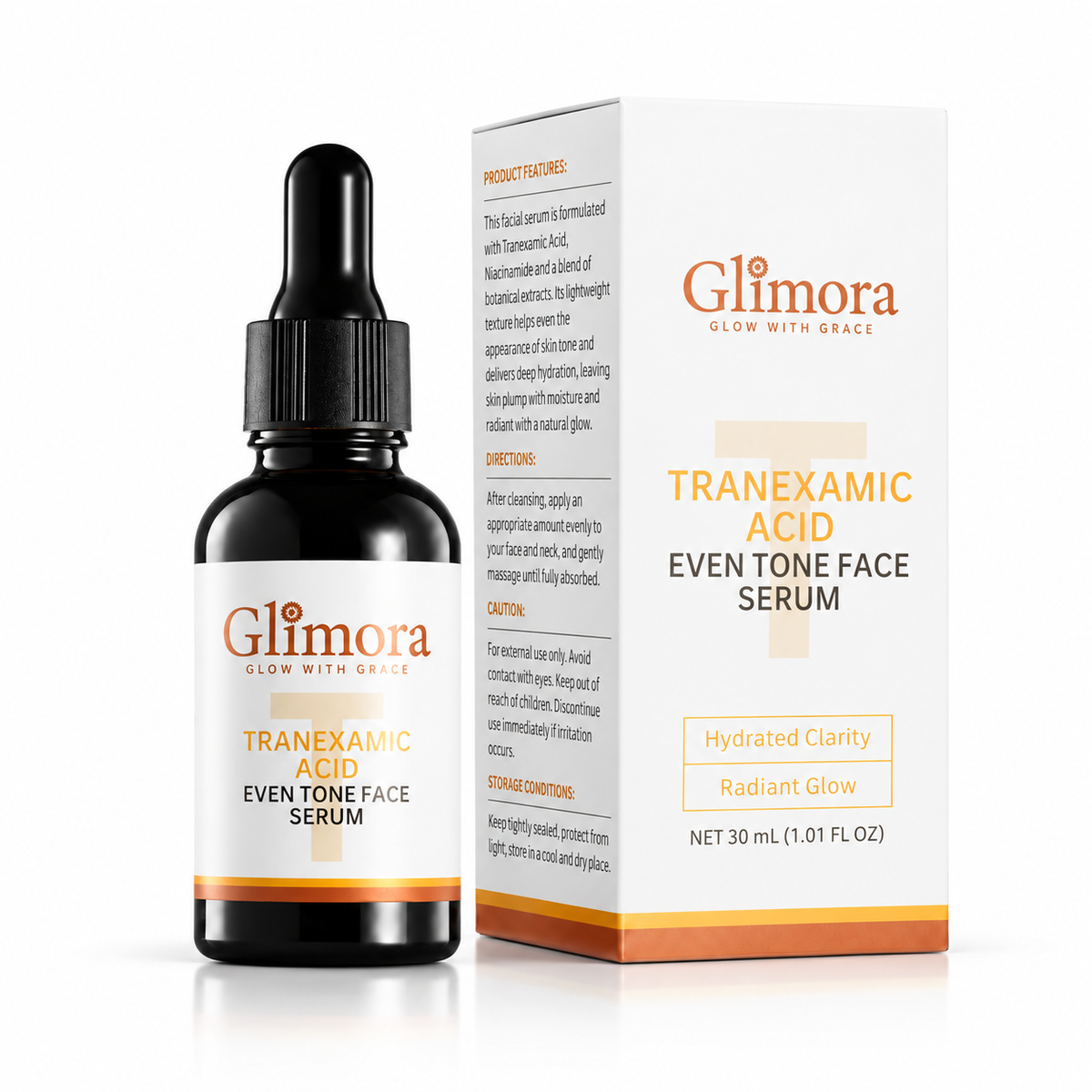 GLIMORA Tranexamic Acid Even Tone Face Serum 30 mL black dropper bottle and box on white.