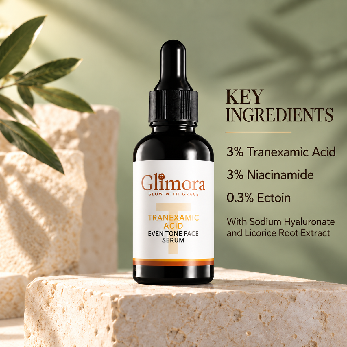 GLIMORA serum with 3% tranexamic acid, 3% niacinamide and 0.3% ectoin ingredient highlights.