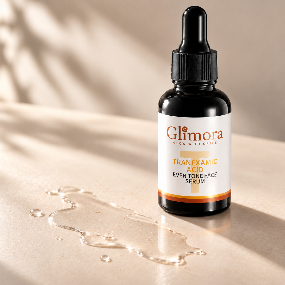 Clear serum spill beside GLIMORA Tranexamic Acid Even Tone Face Serum on an ivory surface.