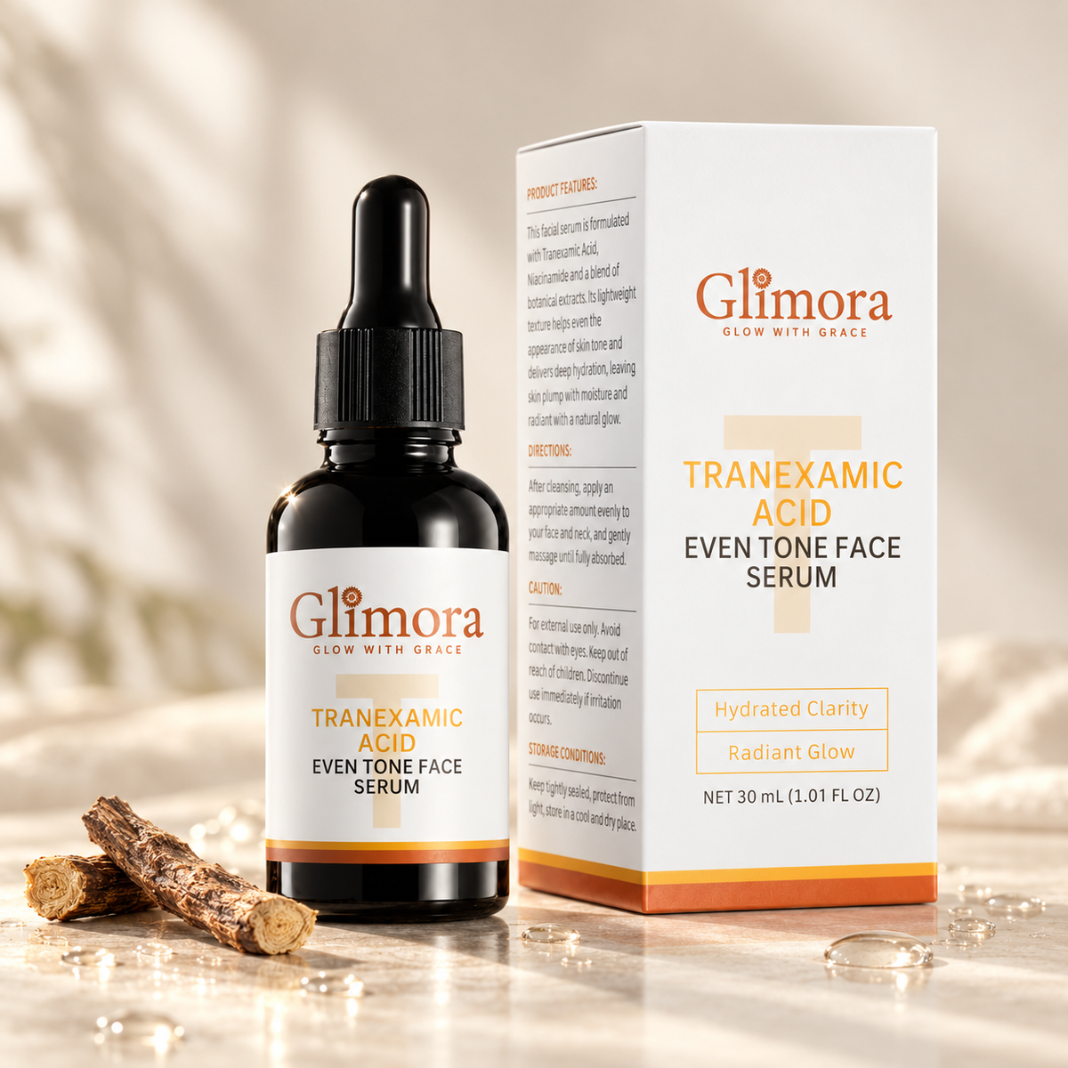 GLIMORA Tranexamic Acid serum bottle and carton beside licorice root and water droplets.
