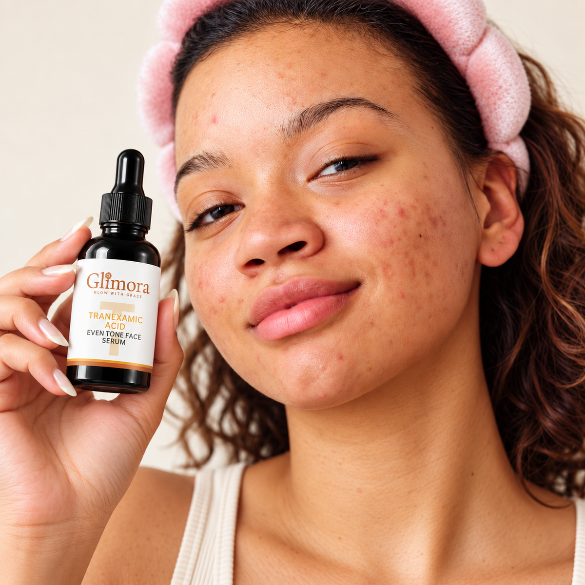 Model wearing a pink headband holding GLIMORA Tranexamic Acid Even Tone Face Serum beside her face.
